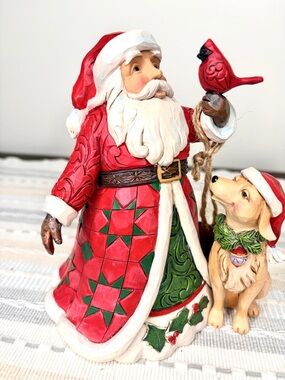 Jim Shore Red and Green Quilted Santa with Dog and Cardinal
